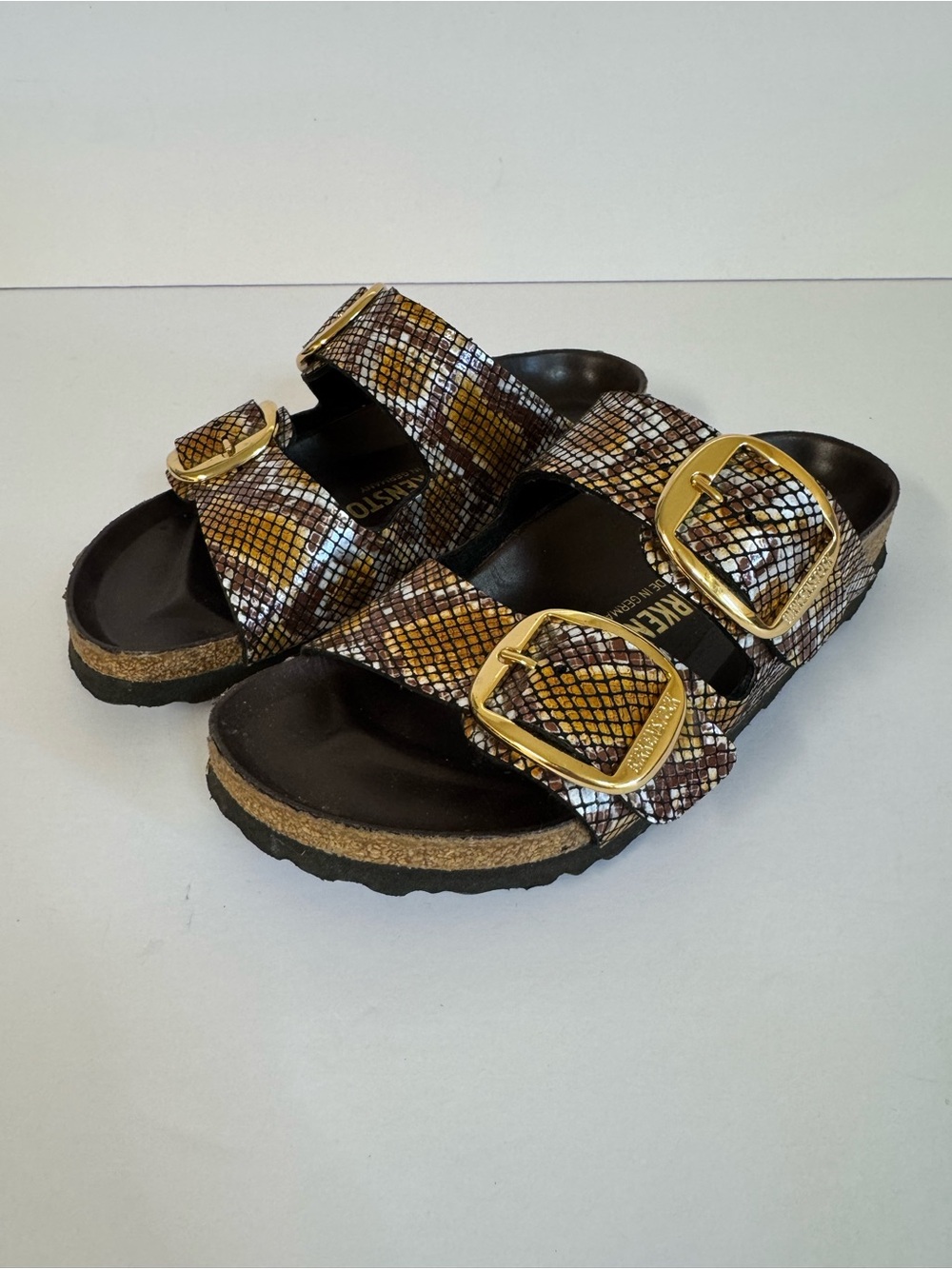 Birkenstock Arizona Big Buckle Sandals 36 Womens 5- 5.5 Gold Python Brown